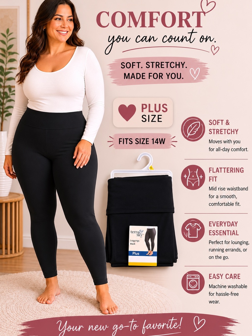 Terra & Sky Black Plus Size Mid-Rise Leggings
